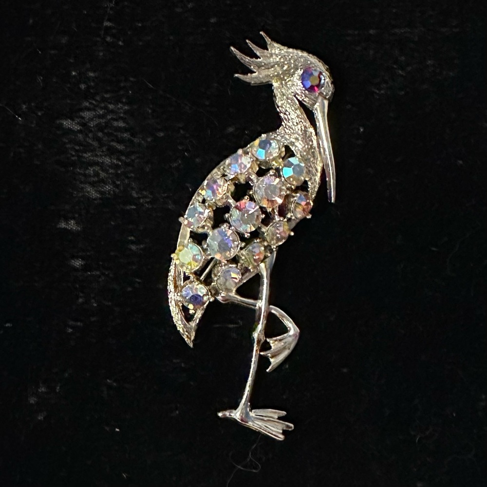 Large Figural Elegant Silver Bird Brooch Mid Century Aurora Borealis